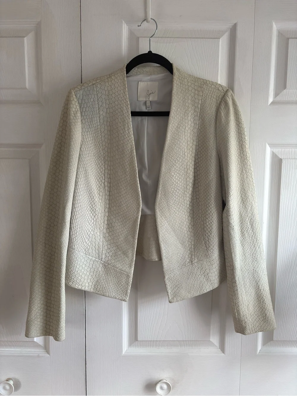Joie Crocodile Snake Skin Effect Lamb Leather Ivory Moto Jacket L Open Front‎